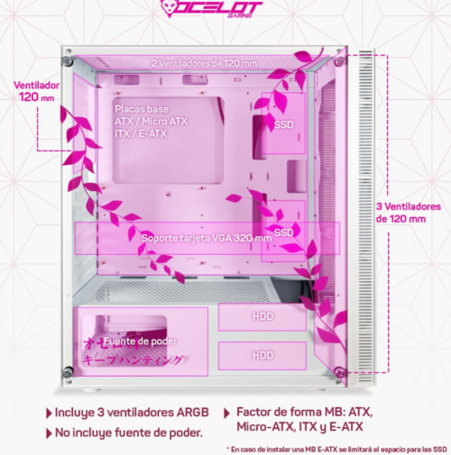 GABINETE OCELOT GAMING BLANCO CON ROSA Y DISEÑO ANIME - Imagen 3