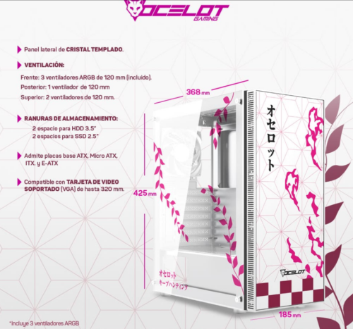 GABINETE OCELOT GAMING BLANCO CON ROSA Y DISEÑO ANIME - Imagen 2