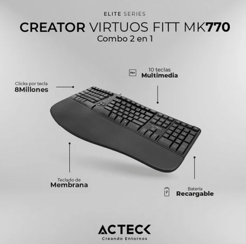 KIT TECLADO Y MOUSE NEGRO INALAMBRICO ACTECK FITT MK770 - Imagen 3