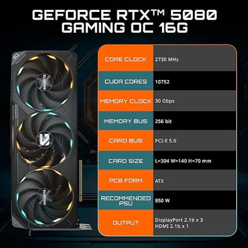TARJETA DE VIDEO GIGABYTE (GV-N5080GAMING OC-16GD) RTX 5080, 16GB GDDR7, PCIE 5.0, HDMI, 3*DP, 3 FAN - Imagen 4