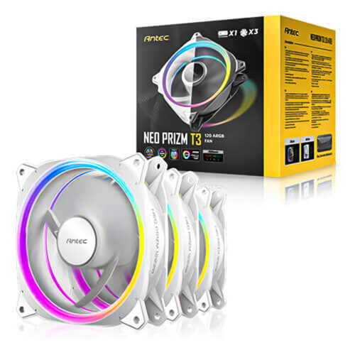 VENTILADOR P/GABINETE ANTEC (NEO PRIZM T3 120 ARGB W_3PK) PAQ 3 FAN ARGB 120MM,CONTROLADOR,BLANCO